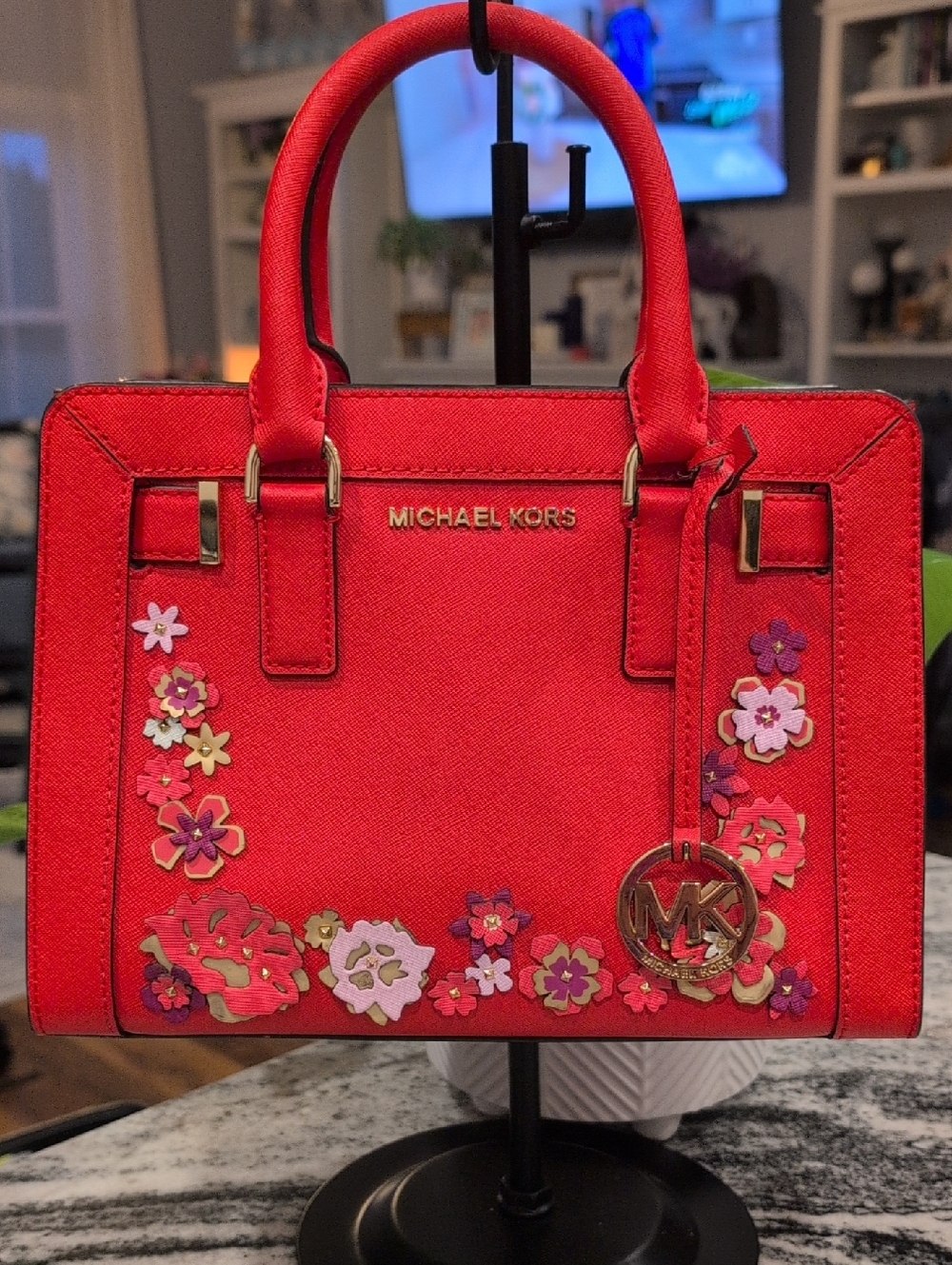 MICHAEL KORS Red Floral Appliqué Saffiano Satchel